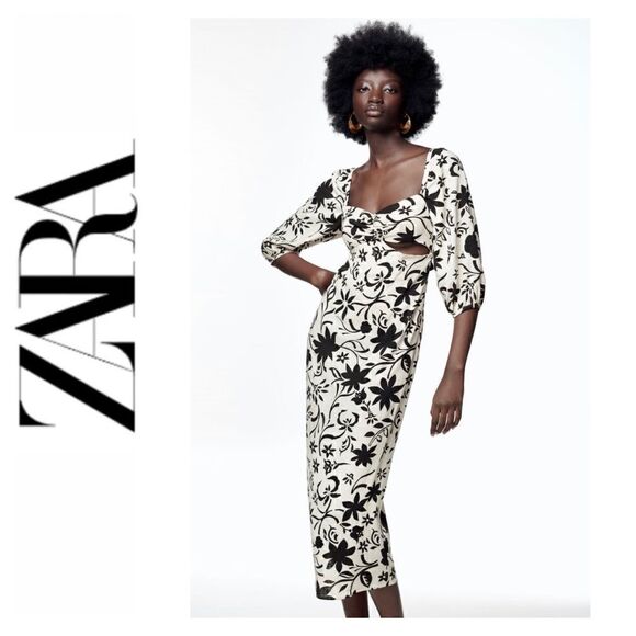 NWT Zara Blogger’s Favorite Linen Floral Gathered Short Puff Sleeves Midi Dress - Picture 1 of 16